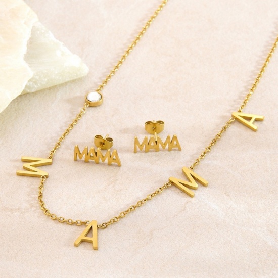 Picture of Wholesale Message " Mama " Necklace & Earrings, 18K Gold Plated 304 Stainless Steel Women's PVD Vacuum Plating Mother's Day Stylish Gift Jewelry For Retailer