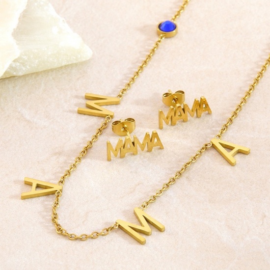 Picture of Wholesale Message " Mama " Necklace & Earrings, 18K Gold Plated 304 Stainless Steel Women's PVD Vacuum Plating Mother's Day Stylish Gift Jewelry For Retailer