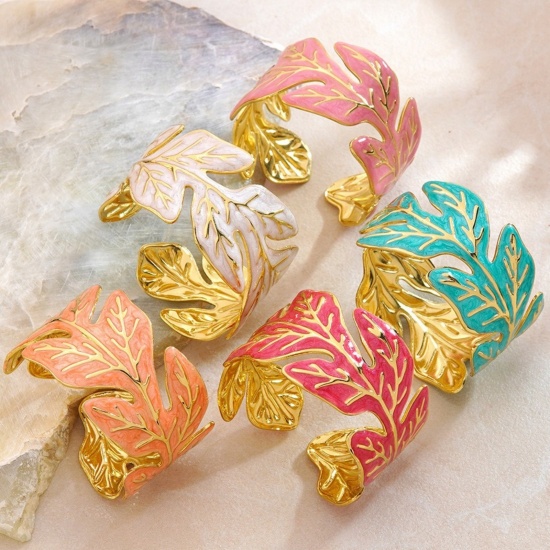 Picture of Wholesale Leaf Enamel 304 Stainless Steel Bangles Bracelets, 18K Gold Plated PVD Vacuum Plating, Women's Exquisite Stylish Gift Jewelry Supply, 6cm Dia.