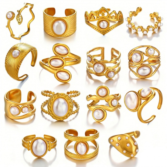 Picture of Wholesale Women's Gift Imitation Pearl Open Rings, 18K Gold Plated 304 Stainless Steel, Eco-friendly Exquisite Stylish Jewelry Supply