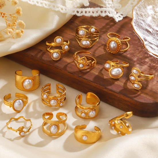 Picture of Wholesale Women's Gift Imitation Pearl Open Rings, 18K Gold Plated 304 Stainless Steel, Eco-friendly Exquisite Stylish Jewelry Supply