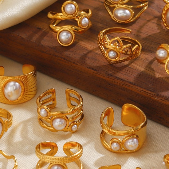 Picture of Wholesale Women's Gift Imitation Pearl Open Rings, 18K Gold Plated 304 Stainless Steel, Eco-friendly Exquisite Stylish Jewelry Supply
