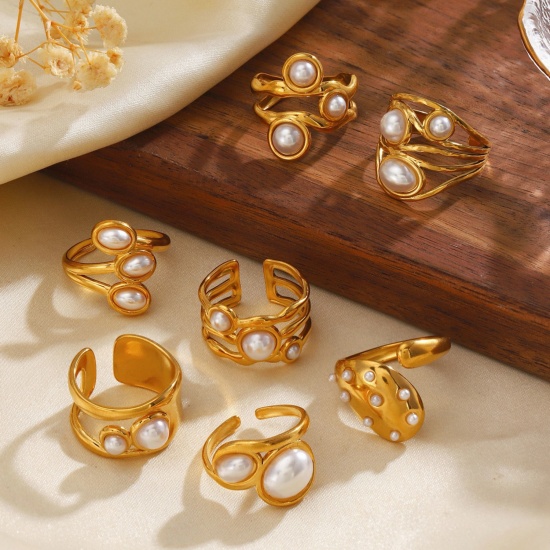 Picture of Wholesale Women's Gift Imitation Pearl Open Rings, 18K Gold Plated 304 Stainless Steel, Eco-friendly Exquisite Stylish Jewelry Supply