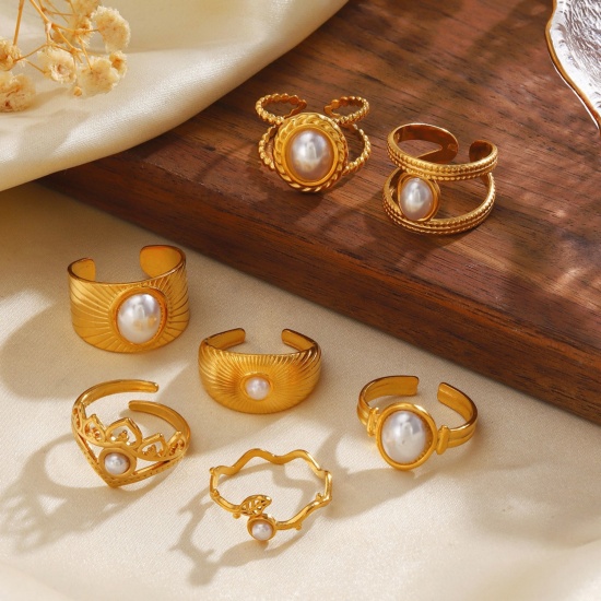 Picture of Wholesale Women's Gift Imitation Pearl Open Rings, 18K Gold Plated 304 Stainless Steel, Eco-friendly Exquisite Stylish Jewelry Supply