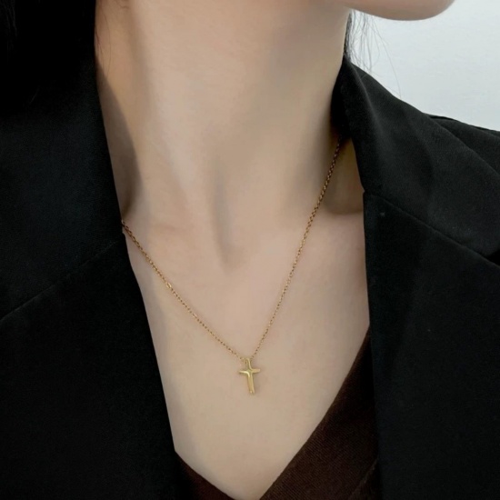 Picture of Wholesale Cross Pendant Charm Necklace, Multicolor 304 Stainless Steel Women's Eco-friendly Religious Retro Gift Jewelry For Retailer, 40cm(15.7") + 5cm(2") long