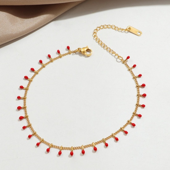Picture of Wholesale Tassel Enamel 304 Stainless Steel Curb Link Chain Anklet, 18K Gold Plated Eco-friendly PVD Vacuum Plating, Women's Exquisite Stylish Gift Jewelry Supply, 20cm(7.9") long