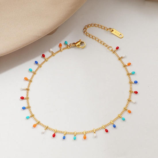 Picture of Wholesale Tassel Enamel 304 Stainless Steel Curb Link Chain Anklet, 18K Gold Plated Eco-friendly PVD Vacuum Plating, Women's Exquisite Stylish Gift Jewelry Supply, 20cm(7.9") long