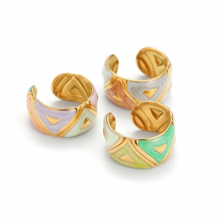 Picture of Wholesale Women's Gift Triangle Enamel Open Rings, 18K Gold Plated 304 Stainless Steel, PVD Vacuum Plating Ins Style Stylish Jewelry Supply, 17mm(US Size 6.5)
