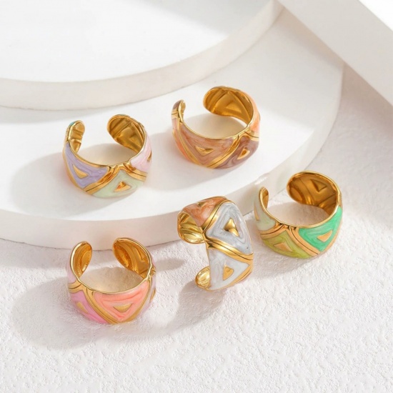 Picture of Wholesale Women's Gift Triangle Enamel Open Rings, 18K Gold Plated 304 Stainless Steel, PVD Vacuum Plating Ins Style Stylish Jewelry Supply, 17mm(US Size 6.5)
