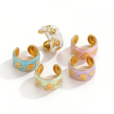 Picture of Wholesale Women's Gift Rose Flower Enamel Open Rings, 18K Gold Plated 304 Stainless Steel, PVD Vacuum Plating Exquisite Stylish Jewelry Supply, 17mm(US Size 6.5)