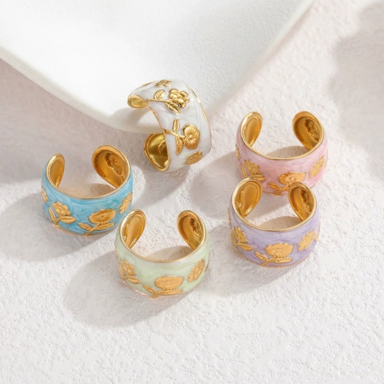 Picture of Wholesale Women's Gift Rose Flower Enamel Open Rings, 18K Gold Plated 304 Stainless Steel, PVD Vacuum Plating Exquisite Stylish Jewelry Supply, 17mm(US Size 6.5)
