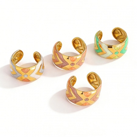 Picture of Wholesale Women's Gift Geometric Enamel Open Rings, 18K Gold Plated 304 Stainless Steel, PVD Vacuum Plating Ins Style Stylish Jewelry Supply, 18mm(US Size 7.75)
