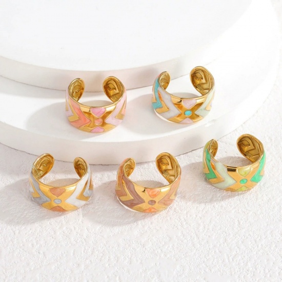 Picture of Wholesale Women's Gift Geometric Enamel Open Rings, 18K Gold Plated 304 Stainless Steel, PVD Vacuum Plating Ins Style Stylish Jewelry Supply, 18mm(US Size 7.75)