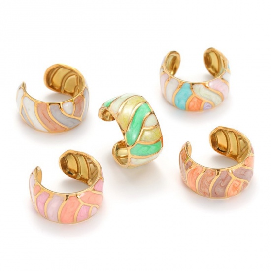 Picture of Wholesale Women's Gift Geometric Enamel Open Rings, 18K Gold Plated 304 Stainless Steel, PVD Vacuum Plating Ins Style Stylish Jewelry Supply, 17mm(US Size 6.5)