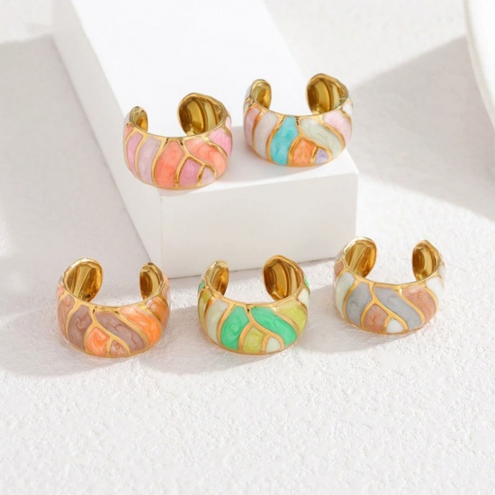 Picture of Wholesale Women's Gift Geometric Enamel Open Rings, 18K Gold Plated 304 Stainless Steel, PVD Vacuum Plating Ins Style Stylish Jewelry Supply, 17mm(US Size 6.5)