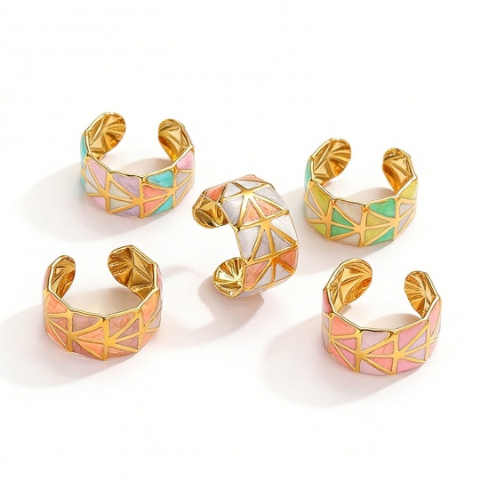 Picture of Wholesale Women's Gift Geometric Enamel Open Rings, 18K Gold Plated 304 Stainless Steel, PVD Vacuum Plating Ins Style Stylish Jewelry Supply, 18mm(US Size 7.75)