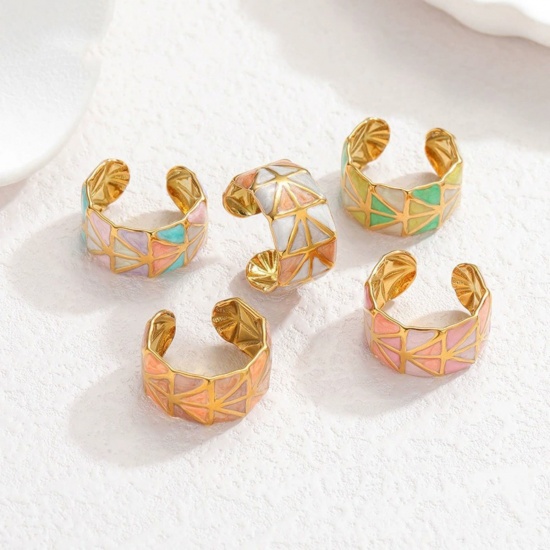 Picture of Wholesale Women's Gift Geometric Enamel Open Rings, 18K Gold Plated 304 Stainless Steel, PVD Vacuum Plating Ins Style Stylish Jewelry Supply, 18mm(US Size 7.75)