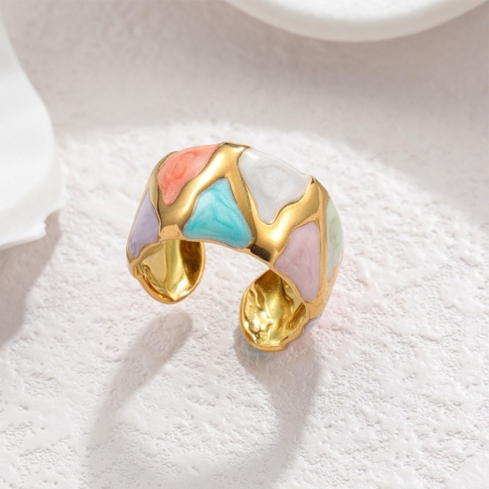 Picture of Wholesale Women's Gift Geometric Open Rings, 18K Gold Plated 304 Stainless Steel, PVD Vacuum Plating Ins Style Stylish Jewelry Supply, 16mm(US size 5.25)