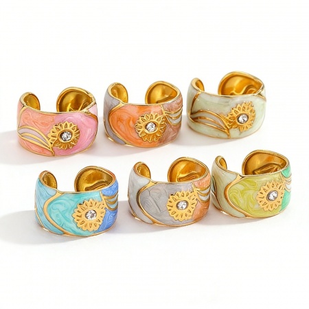 Picture of Wholesale Women's Gift Sunflower Enamel Open Rings, 18K Gold Plated 304 Stainless Steel, PVD Vacuum Plating Ins Style Stylish Jewelry Supply, 17mm(US Size 6.5)