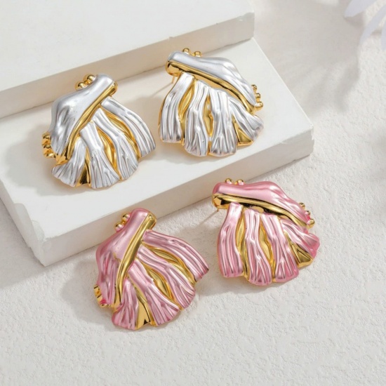 Picture of Wholesale Ins Style Stylish Ear Post Stud Earrings, Leaf Painted 18K Gold Plated 304 Stainless Steel, Women's PVD Vacuum Plating Gift Jewelry Supply, 3.9cm x 3.7cm