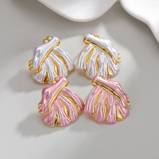 Picture of Wholesale Ins Style Stylish Ear Post Stud Earrings, Leaf Painted 18K Gold Plated 304 Stainless Steel, Women's PVD Vacuum Plating Gift Jewelry Supply, 3.9cm x 3.7cm