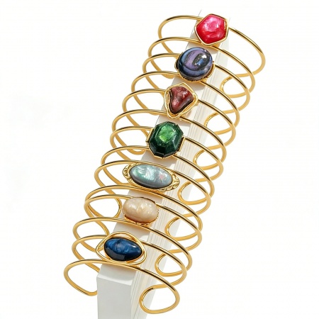 Picture of Wholesale Multicolor With Synthetic Gemstone Cabochons 304 Stainless Steel Open Cuff Bangles Bracelets, 18K Gold Plated PVD Vacuum Plating, Women's Exquisite Stylish Gift Jewelry Supply, 6.5cm Dia.