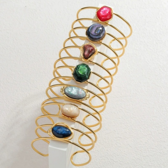 Picture of Wholesale Multicolor With Synthetic Gemstone Cabochons 304 Stainless Steel Open Cuff Bangles Bracelets, 18K Gold Plated PVD Vacuum Plating, Women's Exquisite Stylish Gift Jewelry Supply, 6.5cm Dia.