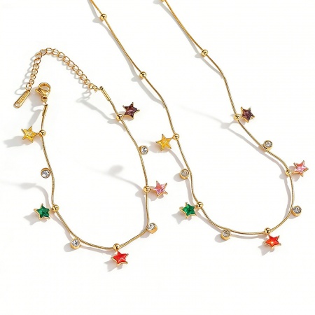 Immagine di Stella a Cinque Punte Multicolore Circonio Cubico Collana & Bracciale All'Ingrosso, Placcato Oro 18K 304 Acciaio Inossidabile Donne Placcatura Sottovuoto PVD Stile Ins Elegante Regalo Gioielli Per Rivenditore, 1 Pz