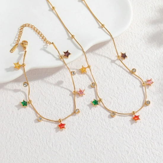 Picture of Wholesale Pentagram Star Multicolour Cubic Zirconia Necklace & Bracelet, 18K Gold Plated 304 Stainless Steel Women's PVD Vacuum Plating Ins Style Stylish Gift Jewelry For Retailer