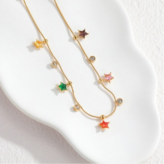 Picture of Wholesale Pentagram Star Multicolour Cubic Zirconia Necklace & Bracelet, 18K Gold Plated 304 Stainless Steel Women's PVD Vacuum Plating Ins Style Stylish Gift Jewelry For Retailer