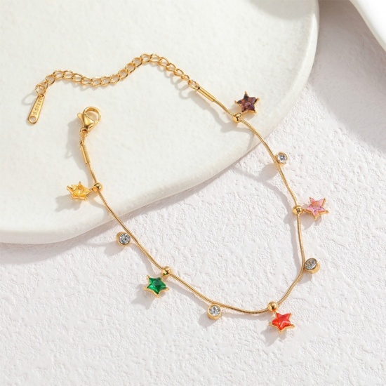 Picture of Wholesale Pentagram Star Multicolour Cubic Zirconia Necklace & Bracelet, 18K Gold Plated 304 Stainless Steel Women's PVD Vacuum Plating Ins Style Stylish Gift Jewelry For Retailer