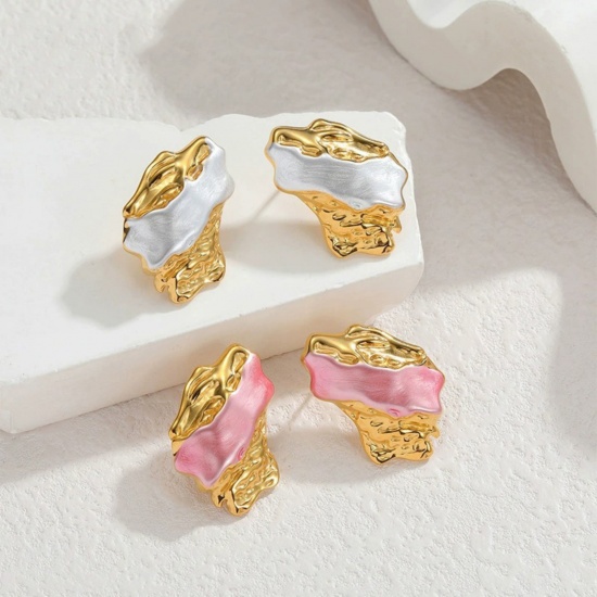 Picture of Wholesale Exquisite Stylish Ear Post Stud Earrings, Painted 18K Gold Plated 304 Stainless Steel, Women's PVD Vacuum Plating Gift Jewelry Supply, 27mm x 20mm