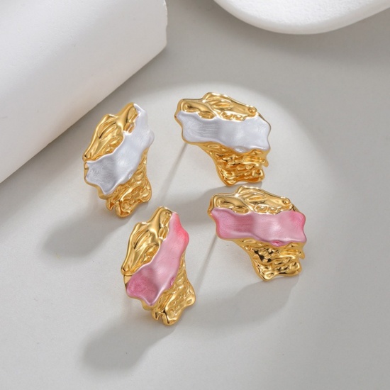 Picture of Wholesale Exquisite Stylish Ear Post Stud Earrings, Painted 18K Gold Plated 304 Stainless Steel, Women's PVD Vacuum Plating Gift Jewelry Supply, 27mm x 20mm