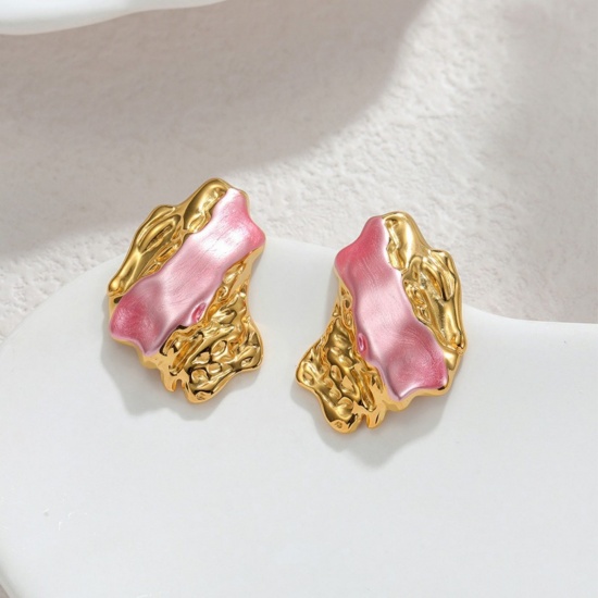 Picture of Wholesale Exquisite Stylish Ear Post Stud Earrings, Painted 18K Gold Plated 304 Stainless Steel, Women's PVD Vacuum Plating Gift Jewelry Supply, 27mm x 20mm