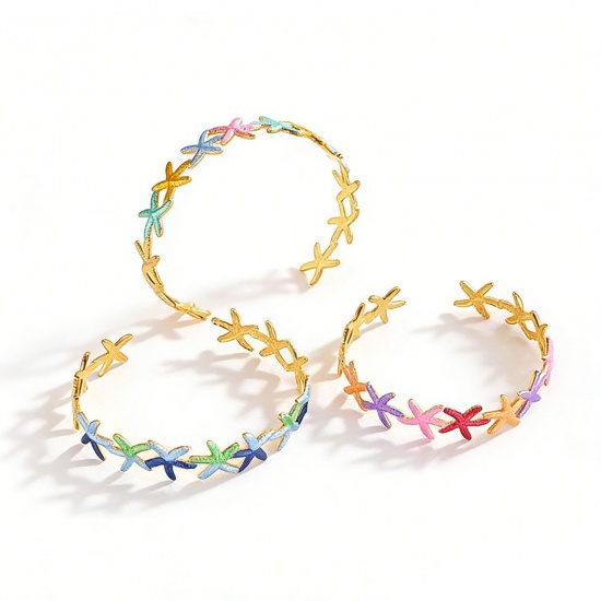 Picture of Wholesale Starfish Multicolor Painted 304 Stainless Steel Open Cuff Bangles Bracelets, 18K Gold Plated PVD Vacuum Plating, Women's Ocean Jewelry Stylish Gift Jewelry Supply, 5.9cm Dia.