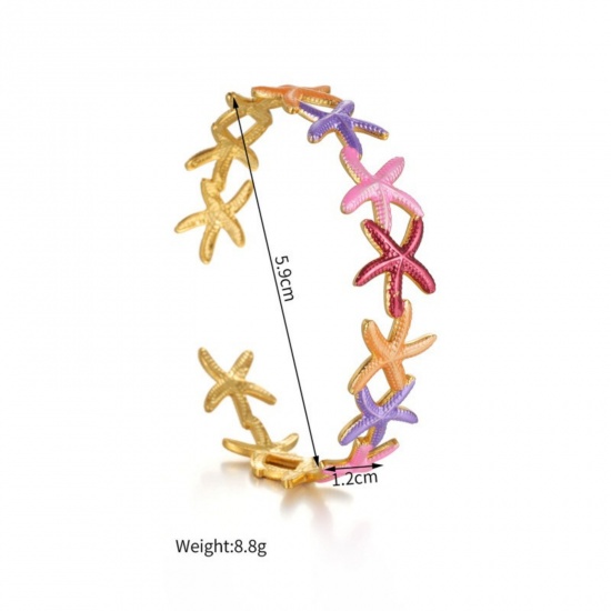 Picture of Wholesale Starfish Multicolor Painted 304 Stainless Steel Open Cuff Bangles Bracelets, 18K Gold Plated PVD Vacuum Plating, Women's Ocean Jewelry Stylish Gift Jewelry Supply, 5.9cm Dia.