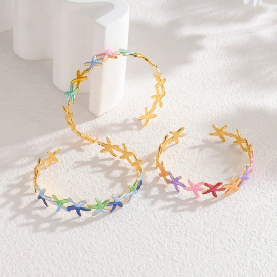 Picture of Wholesale Starfish Multicolor Painted 304 Stainless Steel Open Cuff Bangles Bracelets, 18K Gold Plated PVD Vacuum Plating, Women's Ocean Jewelry Stylish Gift Jewelry Supply, 5.9cm Dia.