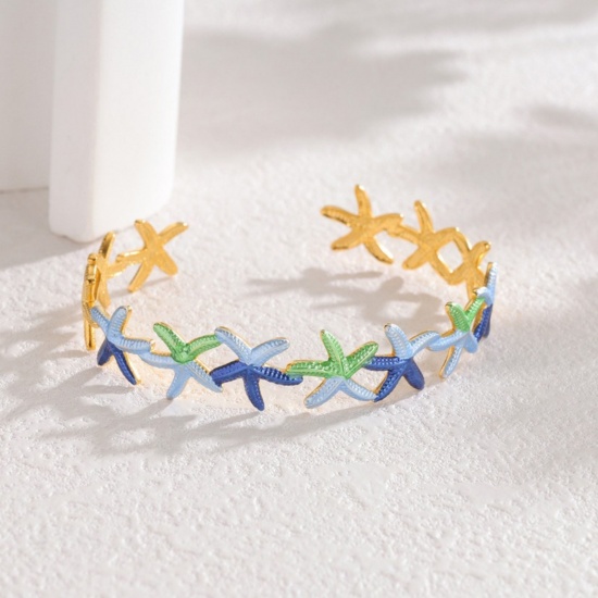 Picture of Wholesale Starfish Multicolor Painted 304 Stainless Steel Open Cuff Bangles Bracelets, 18K Gold Plated PVD Vacuum Plating, Women's Ocean Jewelry Stylish Gift Jewelry Supply, 5.9cm Dia.