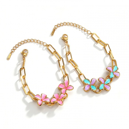 Immagine di Fiore 304 Acciaio Inossidabile Braccialetti con Ciondoli All'Ingrosso, Placcato Oro 18K Placcatura Sottovuoto PVD, Donne Stile Bohemien Retrò Regalo Fornitura di Gioielli, 18cm Lunghezza, 1 Pz