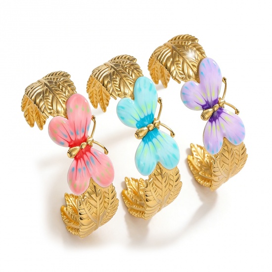 Picture of Wholesale Butterfly Animal Multicolor Enamel 304 Stainless Steel Open Cuff Bangles Bracelets, 18K Gold Plated PVD Vacuum Plating, Women's Insect Stylish Gift Jewelry Supply, 6.6cm Dia.