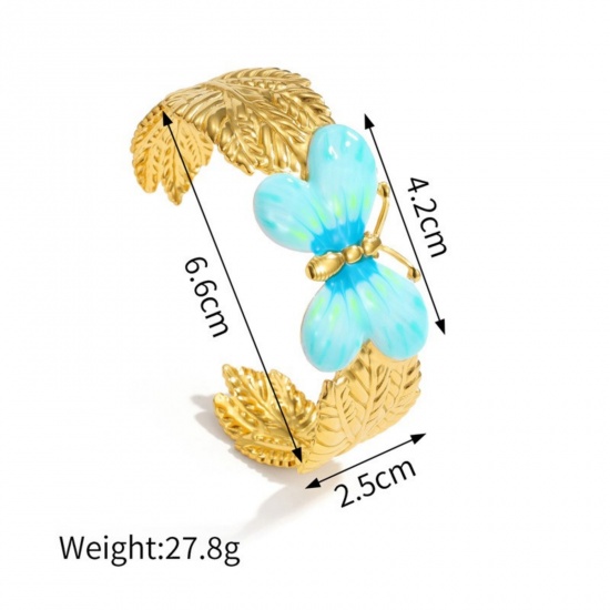 Picture of Wholesale Butterfly Animal Multicolor Enamel 304 Stainless Steel Open Cuff Bangles Bracelets, 18K Gold Plated PVD Vacuum Plating, Women's Insect Stylish Gift Jewelry Supply, 6.6cm Dia.