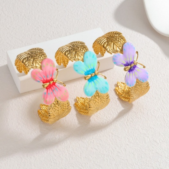 Picture of Wholesale Butterfly Animal Multicolor Enamel 304 Stainless Steel Open Cuff Bangles Bracelets, 18K Gold Plated PVD Vacuum Plating, Women's Insect Stylish Gift Jewelry Supply, 6.6cm Dia.