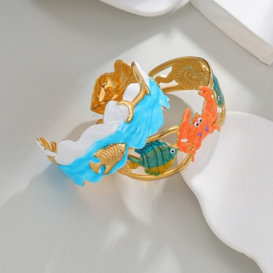 Picture of Wholesale Multicolor Enamel 304 Stainless Steel Open Cuff Bangles Bracelets, 18K Gold Plated PVD Vacuum Plating, Women's Ocean Jewelry Stylish Gift Jewelry Supply, 6.6cm Dia.