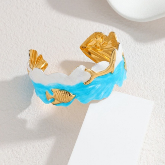 Picture of Wholesale Multicolor Enamel 304 Stainless Steel Open Cuff Bangles Bracelets, 18K Gold Plated PVD Vacuum Plating, Women's Ocean Jewelry Stylish Gift Jewelry Supply, 6.6cm Dia.