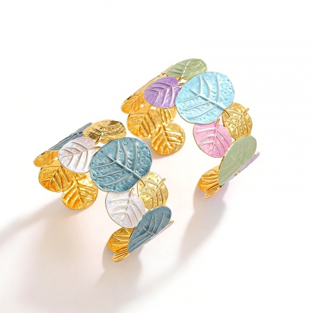 Picture of Wholesale Leaf Multicolor Painted 304 Stainless Steel Bangles Bracelets, 18K Gold Plated PVD Vacuum Plating, Women's Ins Style Stylish Gift Jewelry Supply, 5.6cm Dia.