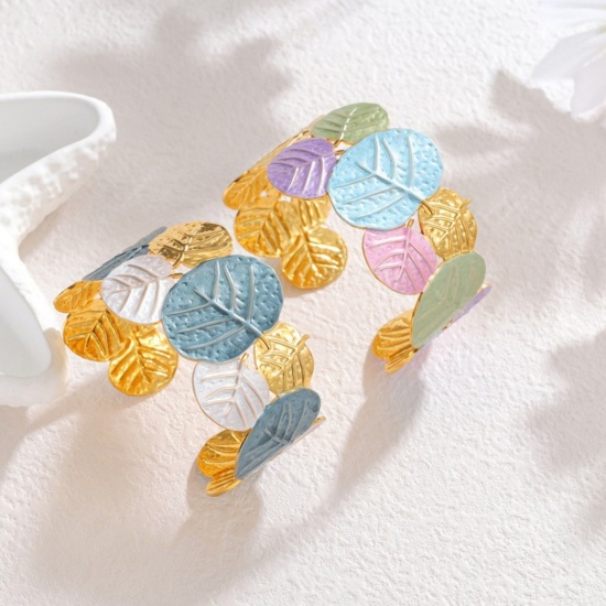 Picture of Wholesale Leaf Multicolor Painted 304 Stainless Steel Bangles Bracelets, 18K Gold Plated PVD Vacuum Plating, Women's Ins Style Stylish Gift Jewelry Supply, 5.6cm Dia.