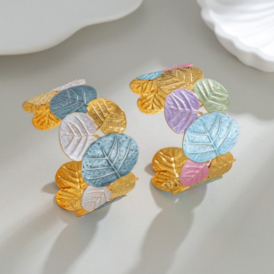 Picture of Wholesale Leaf Multicolor Painted 304 Stainless Steel Bangles Bracelets, 18K Gold Plated PVD Vacuum Plating, Women's Ins Style Stylish Gift Jewelry Supply, 5.6cm Dia.