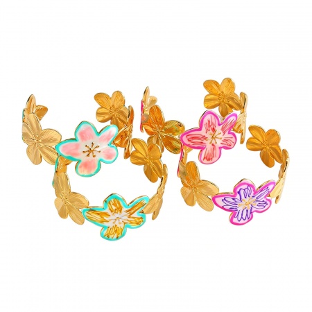 Picture of Wholesale Flower Multicolor Enamel 304 Stainless Steel Bangles Bracelets, 18K Gold Plated PVD Vacuum Plating, Women's Casual Stylish Gift Jewelry Supply, 5.8cm Dia.