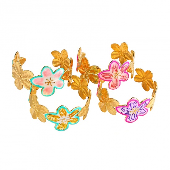 Picture of Wholesale Flower Multicolor Enamel 304 Stainless Steel Bangles Bracelets, 18K Gold Plated PVD Vacuum Plating, Women's Casual Stylish Gift Jewelry Supply, 5.8cm Dia.
