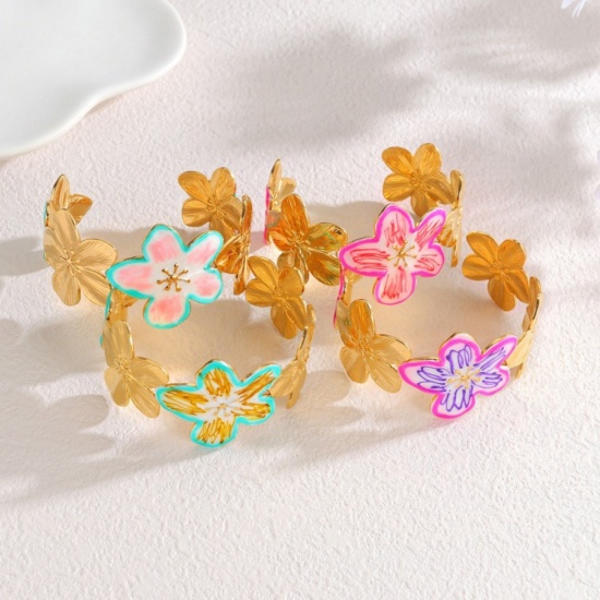 Picture of Wholesale Flower Multicolor Enamel 304 Stainless Steel Bangles Bracelets, 18K Gold Plated PVD Vacuum Plating, Women's Casual Stylish Gift Jewelry Supply, 5.8cm Dia.
